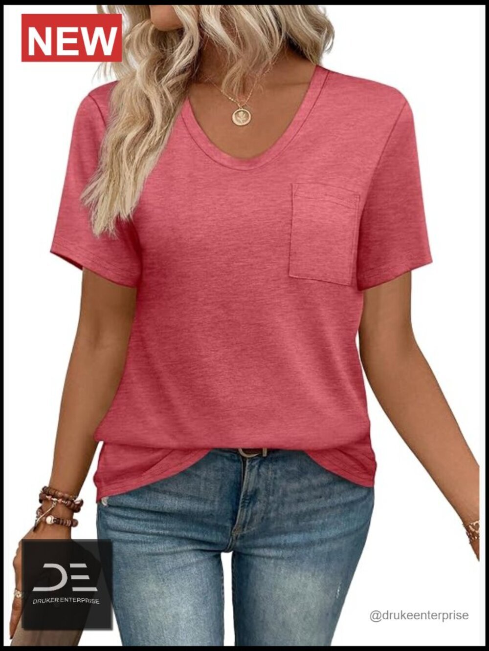Women's Short Sleeve V Neck Pocket Tee Soft Loose Fit T-Shirt